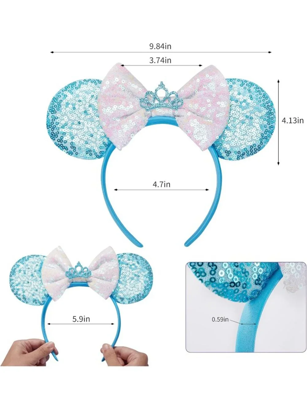 Women Blue Crown Sequin Handmade Mickey Mouse Headband 2 Pieces